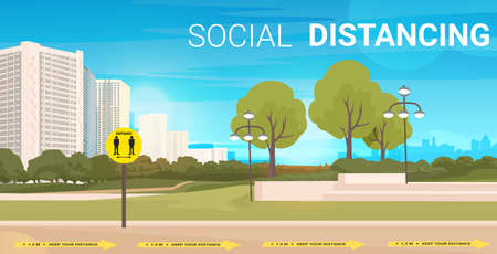 city street with signs for social distancing yellow stickers coronavirus epidemic protection measuresのイラスト素材