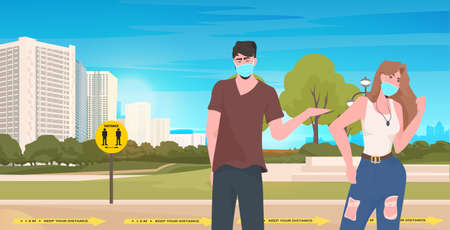 couple discussing during meeting in park keeping distance to prevent coronavirus social distancing conceptのイラスト素材