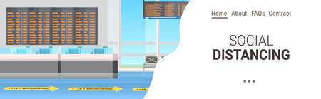 airport terminal with signs for social distancing coronavirus epidemic protection measures concept