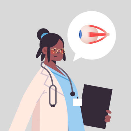 female doctor ophthalmologist and chat bubble with human eye healthcare medicine conceptのイラスト素材