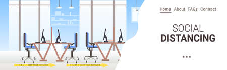 workplace desks with signs for social distancing yellow stickers coronavirus epidemic protection measuresのイラスト素材