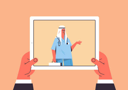 patient discussing with arab male doctor in tablet screen chat bubble communication online consultationのイラスト素材