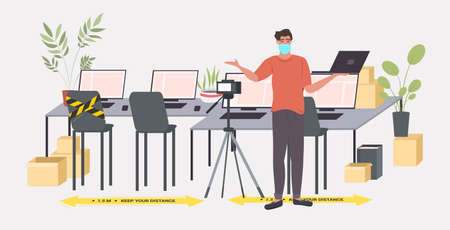 businessman in mask recording video blog social distancing coronavirus epidemic protection self...