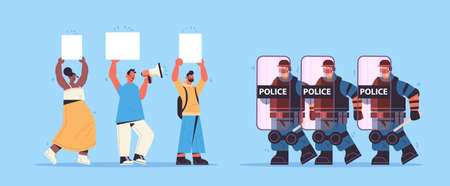 policemen in full tactical gear riot police officers attacking street protesters with placards during clashes demonstration protest concept full length horizontal vector illustrationのイラスト素材