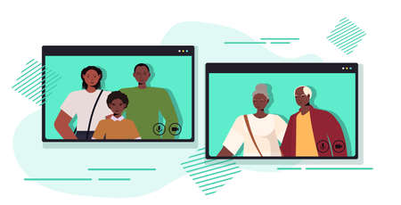 parents and child having virtual meeting with grandparents during video call family chat communication conceptのイラスト素材