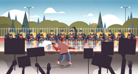 riot police officers controlling street protesters with placards during clashes demonstration protest riots massのイラスト素材