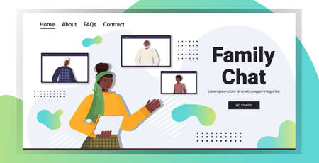 woman having virtual meeting with family members in web browser windows video call online communicationのイラスト素材