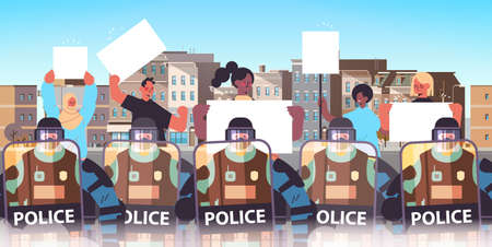 riot police officers controlling street protesters with placards during clashes demonstration riots massのイラスト素材