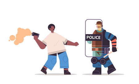 riot police officer attacking protester with smoke bomb during clashes demonstration protest controlのイラスト素材