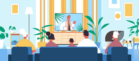 family watching online video consultation with male doctor on tv screen healthcare telemedicine medical adviceのイラスト素材