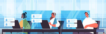 operators with headset chatting with clients call center agents working in office customer support serviceのイラスト素材