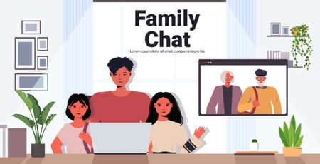 father and children having virtual meeting with grandparents video call family chat communication conceptのイラスト素材