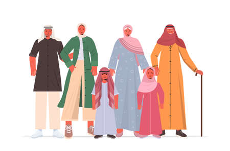 arab multi generation family in traditional clothes happy grandparents parents and children standing togetherのイラスト素材