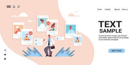 male doctor consulting family patients in web browser windows online medical consultation healthcare medicineのイラスト素材