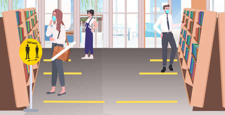 people in masks keeping distance library with signs for social distancing yellow stickers coronavirus epidemic protectionのイラスト素材