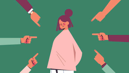 depressed girl surrounded by hands fingers mocking pointing her bullying inequality discriminationのイラスト素材
