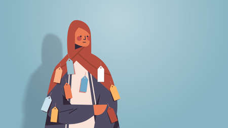 arab woman with colorful tags labels on wear inequality racial discrimination conceptのイラスト素材