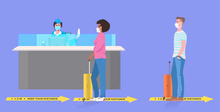 mix race passengers keeping distance to prevent coronavirus social distancing concept airport terminal interiorのイラスト素材