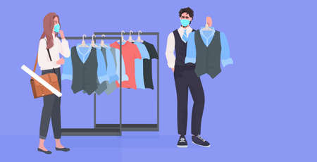salesman in mask showing clothes to female customer in fashion boutique coronavirus pandemic quarantineのイラスト素材