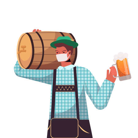 man in medical mask holding beer barrel and mug Oktoberfest party celebration coronavirus quarantineのイラスト素材