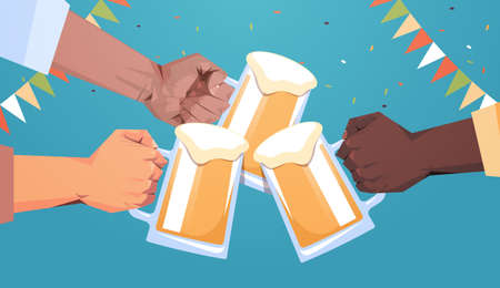 mix race human hands clicking beer mugs Octoberfest party celebration festival conceptのイラスト素材
