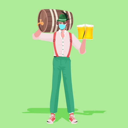 man in medical mask holding beer mugs and barrel Oktoberfest party celebration coronavirus quarantineのイラスト素材