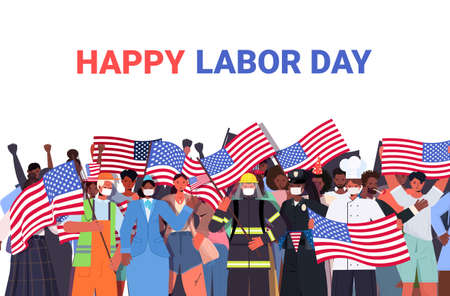 people of different occupations celebrating labor day mix race workers wearing masks to prevent coronavirusのイラスト素材