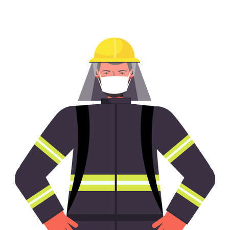 firefighter in uniform wearing mask to prevent coronavirus pandemic labor day celebration conceptのイラスト素材