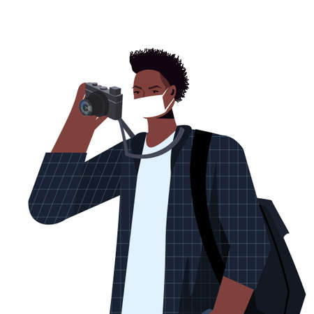 african american photographer wearing mask to prevent coronavirus pandemic self isolation labor day celebrationのイラスト素材