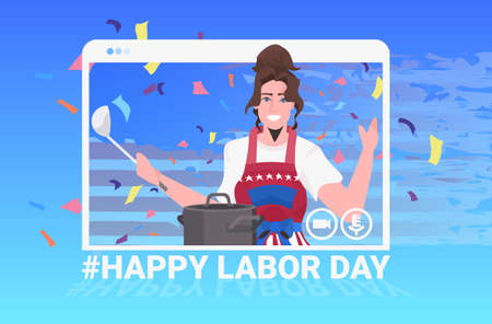 chef wearing apron with USA flag happy labor day celebration online communication self isolationのイラスト素材