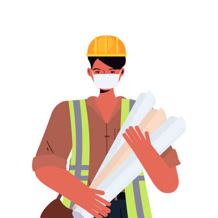 male engineer architect with blueprints wearing mask to prevent coronavirus pandemic labor day celebrationのイラスト素材