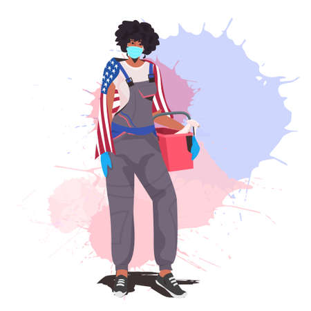 female janitor with USA flag holding bucket with tools labor day celebration cleaning service conceptのイラスト素材