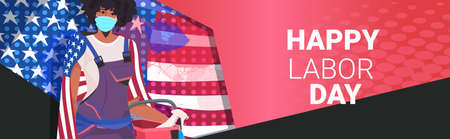 janitor with USA flag holding bucket with tools labor day celebration cleaning service conceptのイラスト素材