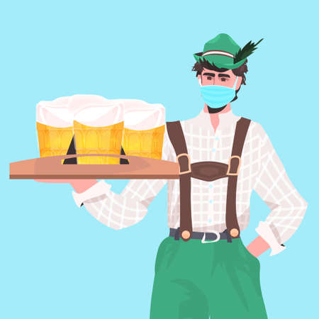 man holding beer mugs Oktoberfest party festival celebration waiter wearing mask to prevent coronavirusのイラスト素材