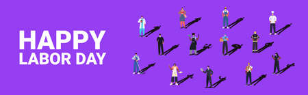 people of different occupations celebrating labor day mix race workers wearing masks to prevent coronavirusのイラスト素材