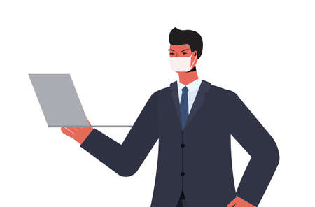 businessman using laptop wearing mask to prevent coronavirus pandemic labor day celebrationのイラスト素材