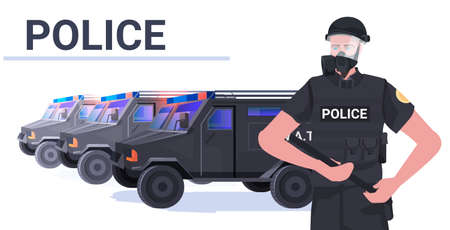 policeman in full tactical gear riot police officer holding baton protesters and demonstration riots mass controlのイラスト素材