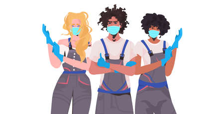 mix race janitors team professional office cleaners in medical masks wearing gloves coronavirus quarantineのイラスト素材