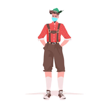 man in traditional clothes wearing mask to prevent coronavirus pandemic Oktoberfest party celebrationのイラスト素材