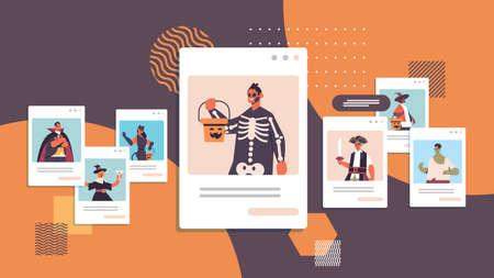 people in different costumes discussing during video call happy halloween party celebration self isolationのイラスト素材