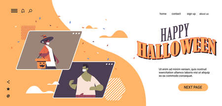 couple in zombie and fairy costumes happy halloween party coronavirus quarantine online communicationのイラスト素材