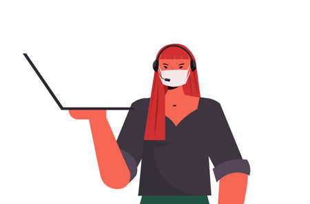 operator in headset wearing mask to prevent coronavirus pandemic self isolation labor day celebration conceptのイラスト素材