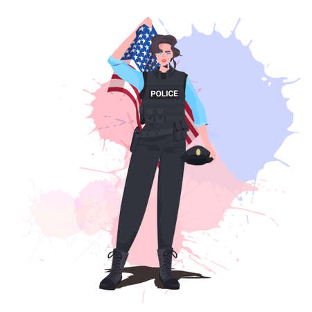 policewoman in uniform holding USA flag happy labor day celebration concept female police officerのイラスト素材