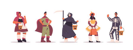 set mix race people in different costumes standing together happy halloween party celebration conceptのイラスト素材
