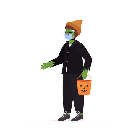 guy in mask wearing zombie costume holding bucket with pumpkin halloween party celebration coronavirus quarantineのイラスト素材