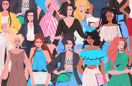 mix race women crowd standing together girls in casual clothes female cartoon characters portraitのイラスト素材