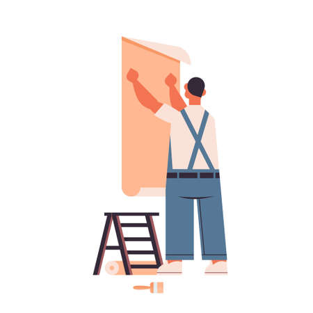 professional worker in uniform glues wallpaper to wall home maintenance repair renovation conceptのイラスト素材