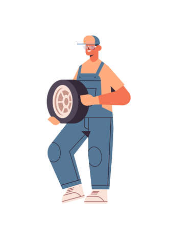 mechanic in uniform repairing tire man working and fixing wheel car service automobile repair conceptのイラスト素材