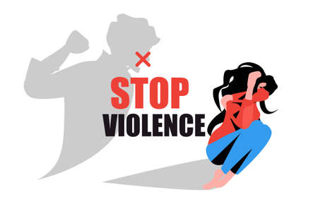 shadow of furious angry man raised punishment fist over scared terrified woman stop violence and aggressionのイラスト素材