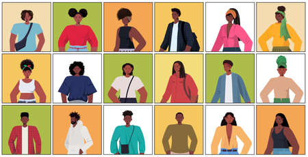 set young women men in casual trendy clothes african american male female cartoon characters collectionのイラスト素材